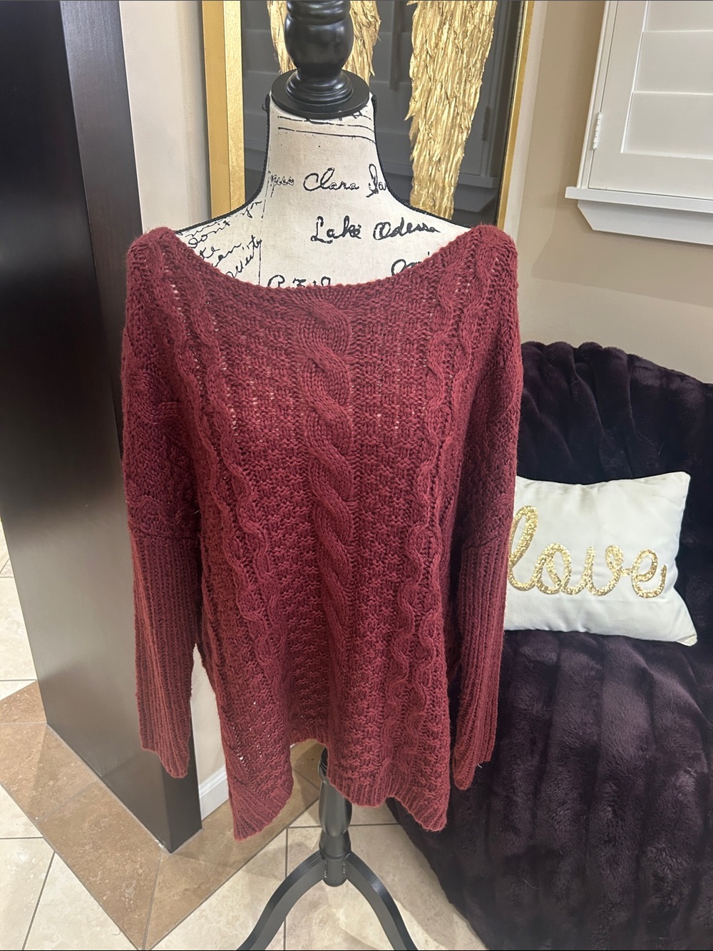 Pink Lily Off-the-Shoulder Cable Knit Sweater - Burgundy